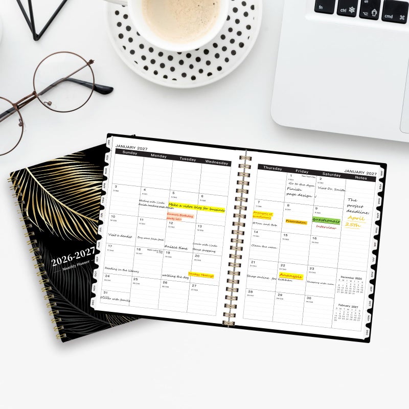 Ymumuda 2026 Monthly Planner - 2 Year Monthly Planner, JAN.2026 to DEC.2027, 8.5"" x 11"", Large Calendar with Spiral Bound, 24 Coated Tabs,24 Months Perfect for School & Office Schedule, Golden Leaves - Image 2